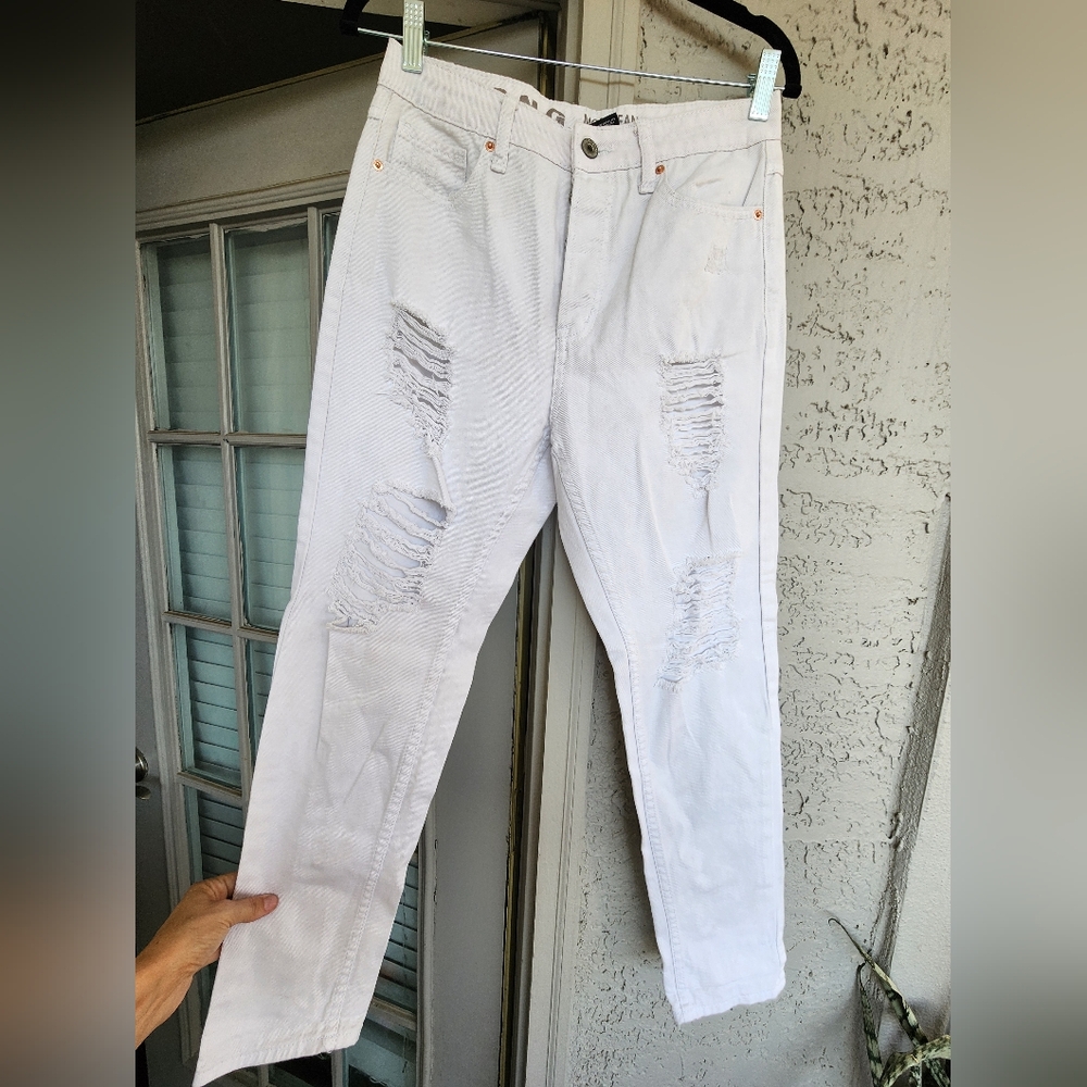 S.O.N.G. Mom High Rise Distressed White Jeans Sz 7 28